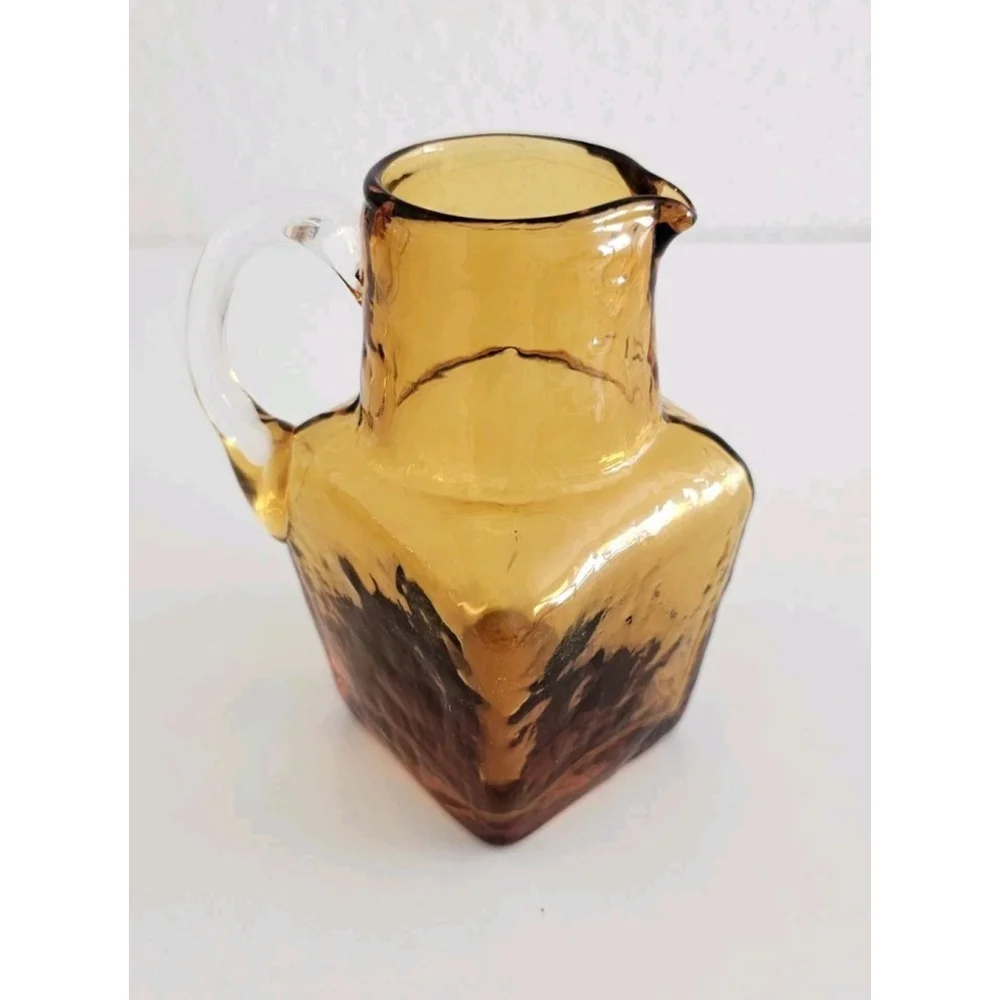 Vintage Hand-Blown Textured Small Amber Glass Pitcher Cute Adorable Decor